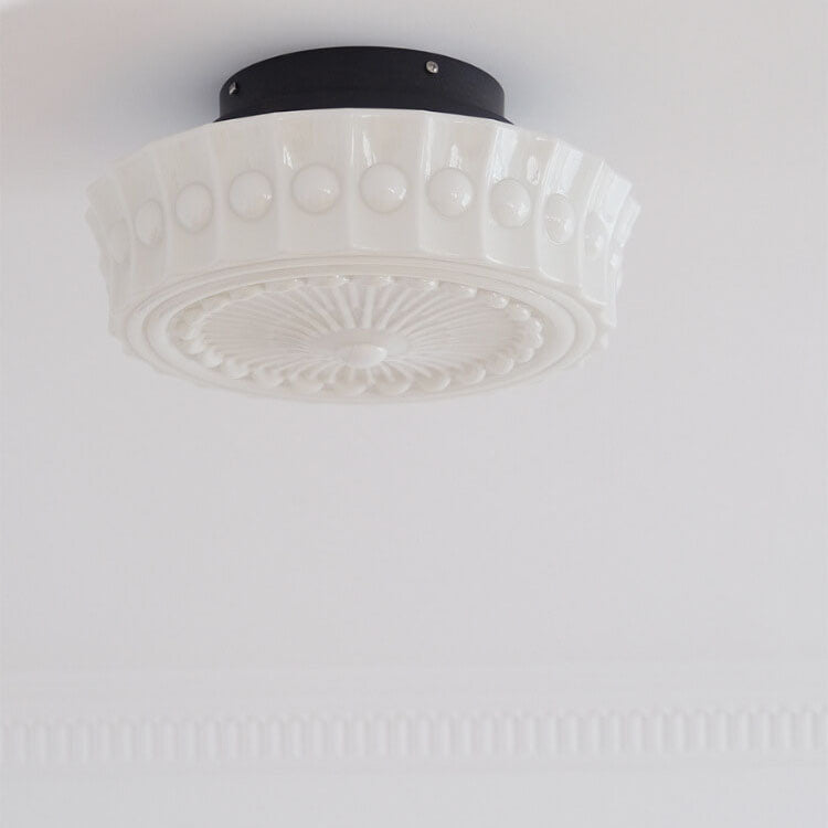 Vintage French White Jade Glass Striped Round Drum LED Semi-Flush Mount Ceiling Light