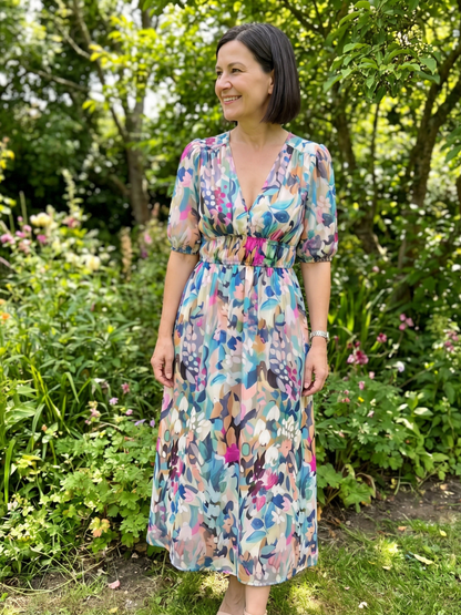 Elegant Maxi Dress for Women Abstract Print Puff-Sleeve