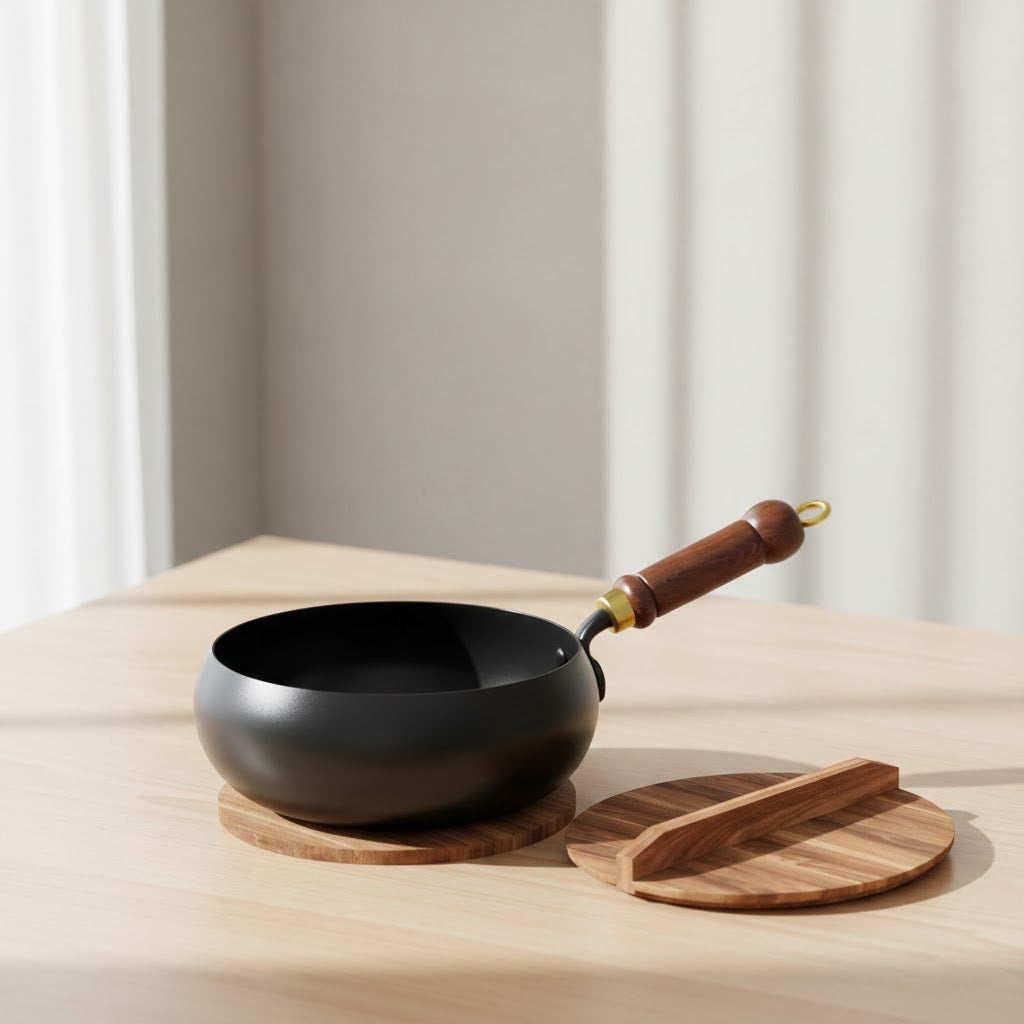 Cast Iron Skillet Hand-Forged Iron, Wooden Handle, 24–28 cm