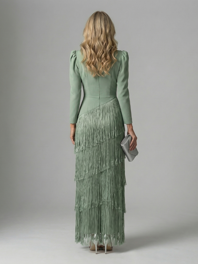 Elegant Fringe Layered Long Sleeve Maxi Dress for Women