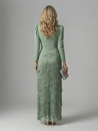 Elegant Fringe Layered Long Sleeve Maxi Dress for Women