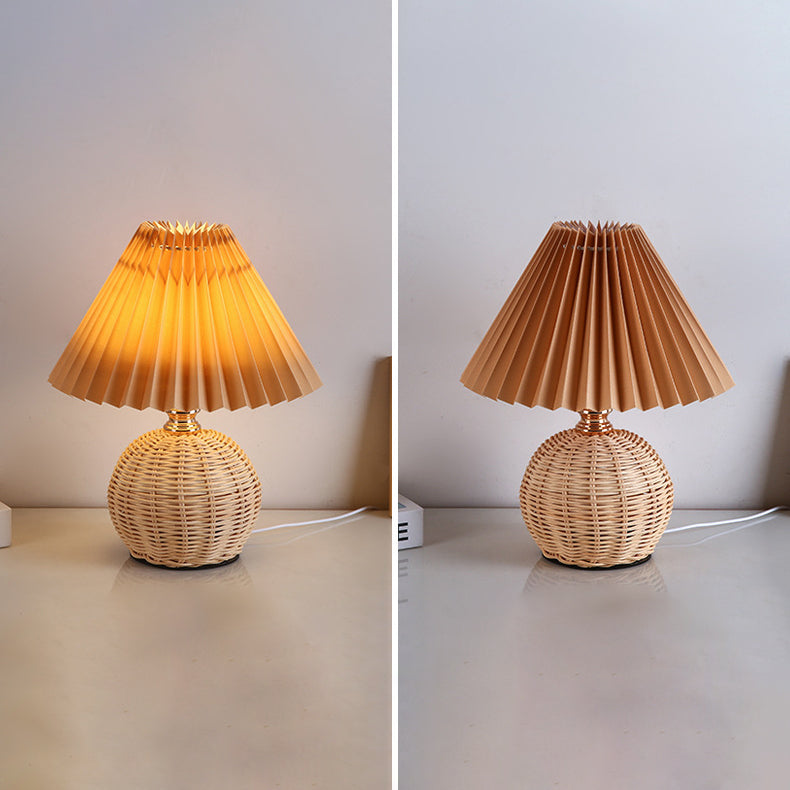 Modern Nordic Rattan Fabric Pleated Conical LED Table Lamp for Bedroom