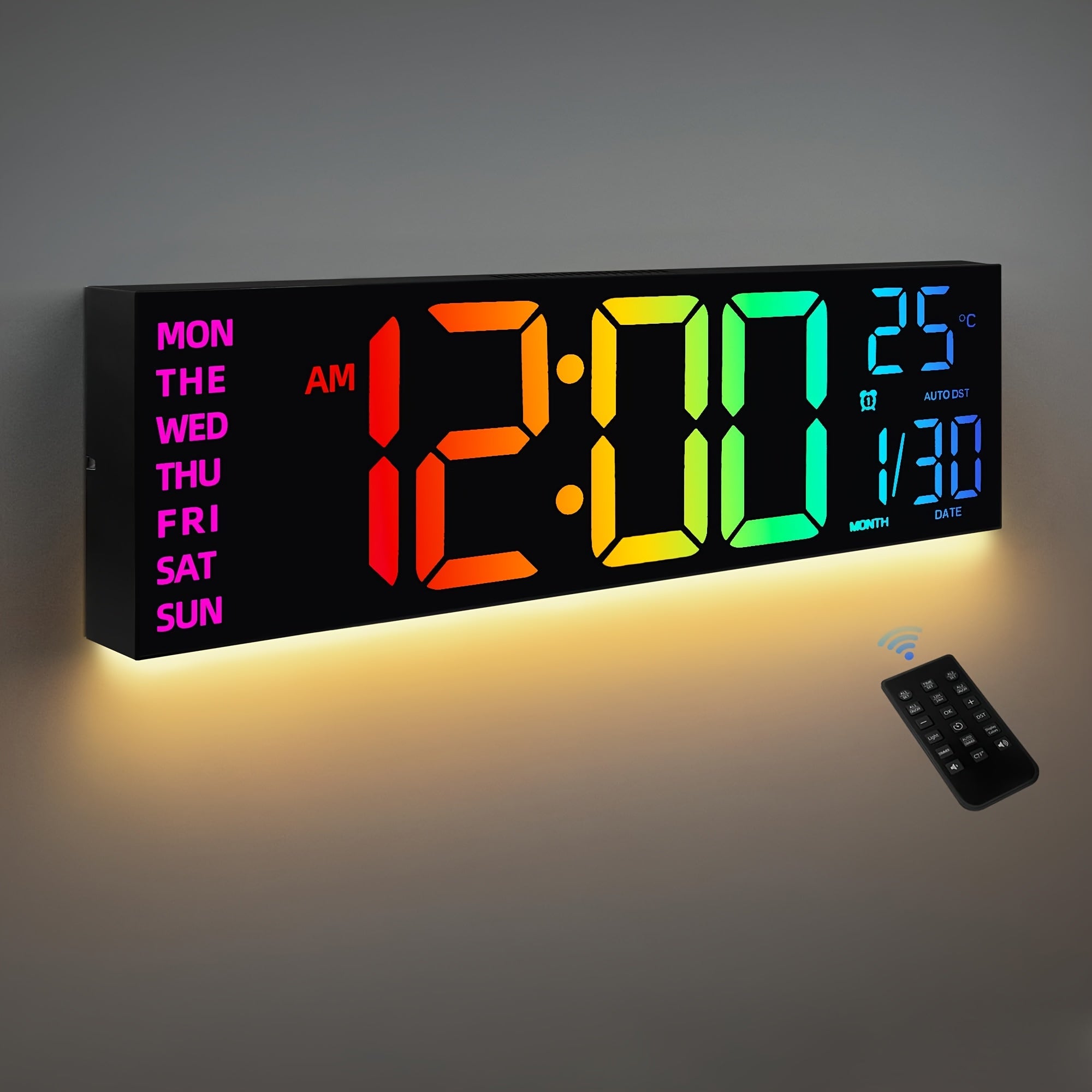 13-Inch RGB Digital Wall Clock with Remote Control and Auto Brightness – Modern LED Display for Home, Office, or Gym