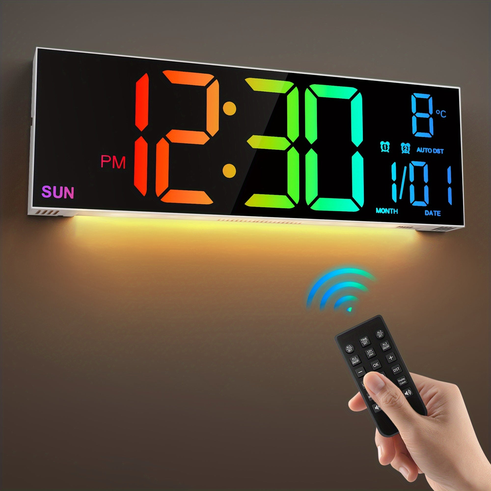 13-Inch RGB Digital Wall Clock with Remote Control and Auto Brightness – Modern LED Display for Home, Office, or Gym