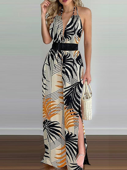 Elegant Maxi Dress for Women Halter Deep-V Palm-Print