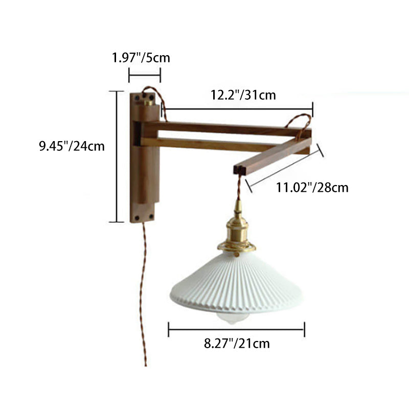 Nordic White Striped Glass Wall Sconce Lamp with Walnut Retractable Design - 1 Light