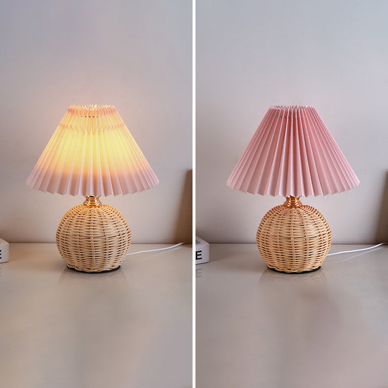 Modern Nordic Rattan Fabric Pleated Conical LED Table Lamp for Bedroom