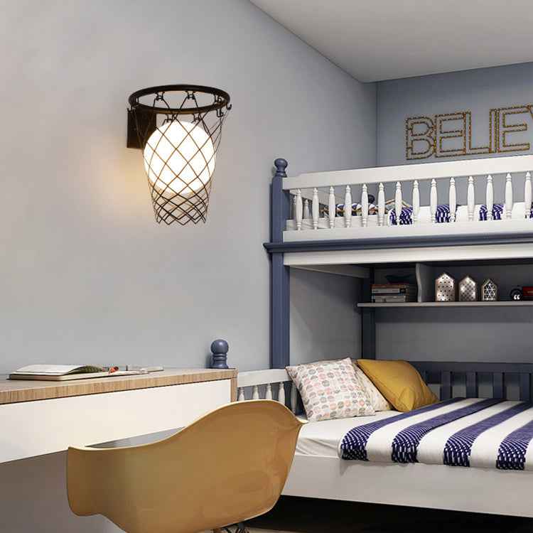 Contemporary Art Deco Kids' Iron and Glass Basketball Hoop Wall Sconce Lamp - 1-Light Design for Bedroom