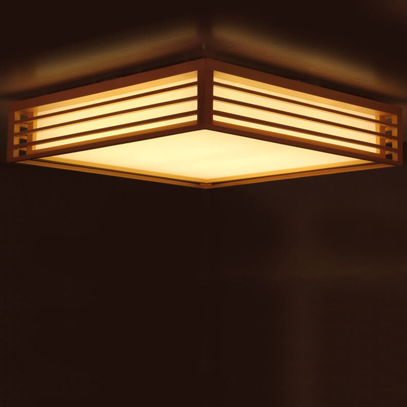 Square LED Flush Mount Ceiling Light in Nordic Solid Wood - Japanese Tatami Style