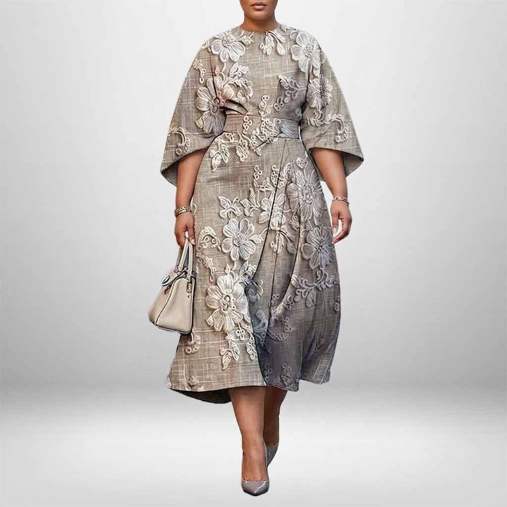 Elegant Maxi Dress for Women Belted Bell-Sleeve Lace-Print