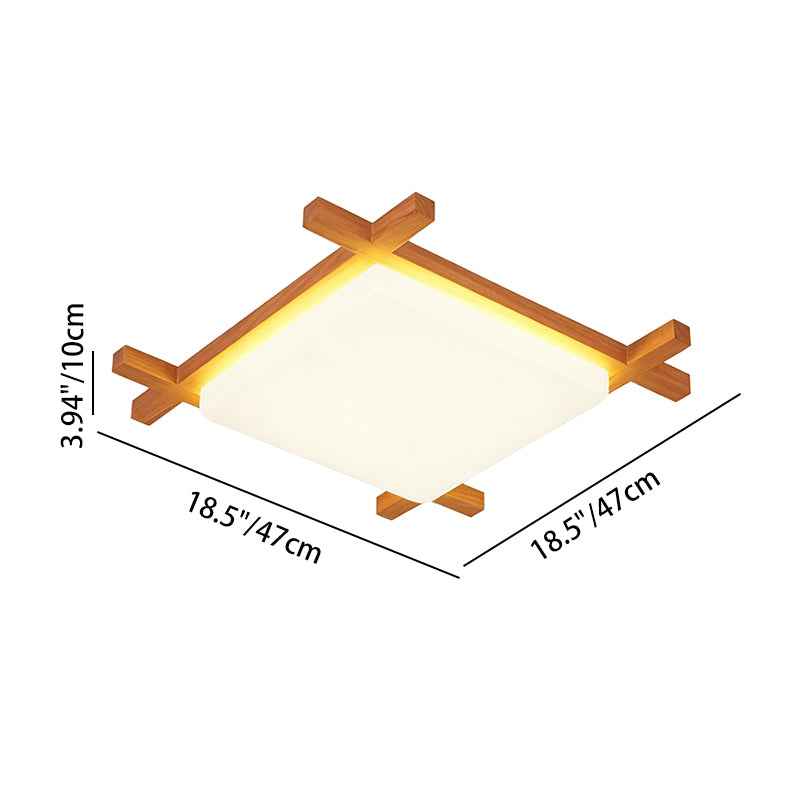 Traditional Japanese Square Tatami LED Flush Mount Ceiling Light in Wood and Acrylic for Bedrooms