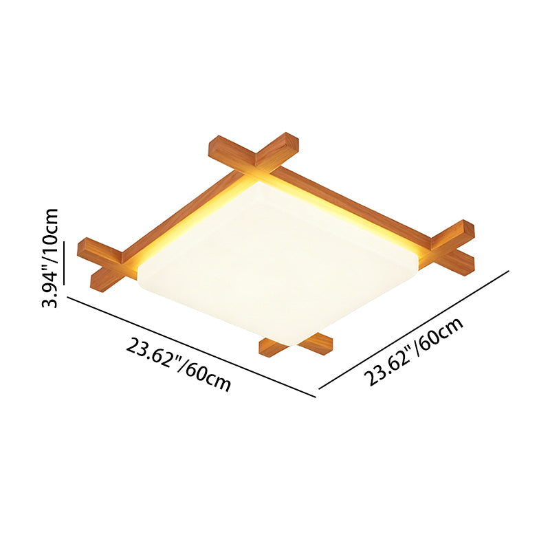 Traditional Japanese Square Tatami LED Flush Mount Ceiling Light in Wood and Acrylic for Bedrooms