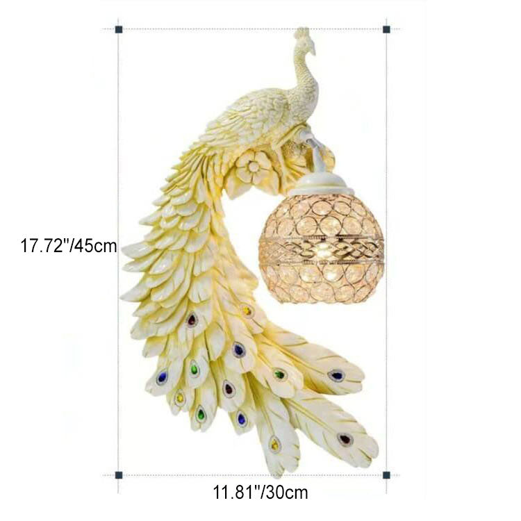 Elegant Vintage Resin Peacock Wall Sconce Lamp with Crystal Ball Shade - 1-Light