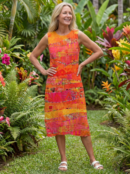 Stylish Midi Dress for Women Sleeveless Abstract-Print Shift