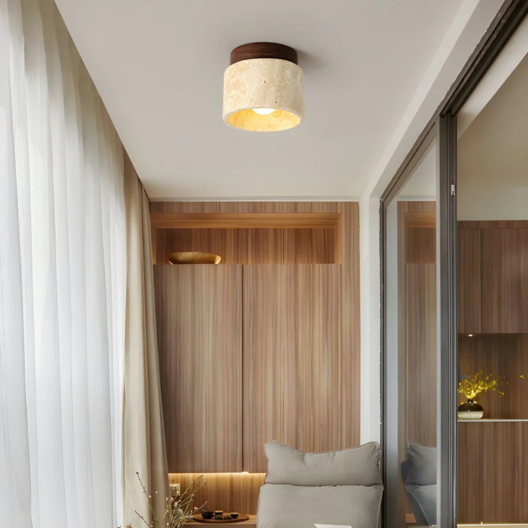 Radia - Cylinder-shaped Travertine Ceiling Lamp with Wooden Accent