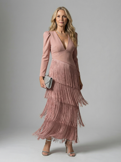 Elegant Fringe Layered Long Sleeve Maxi Dress for Women