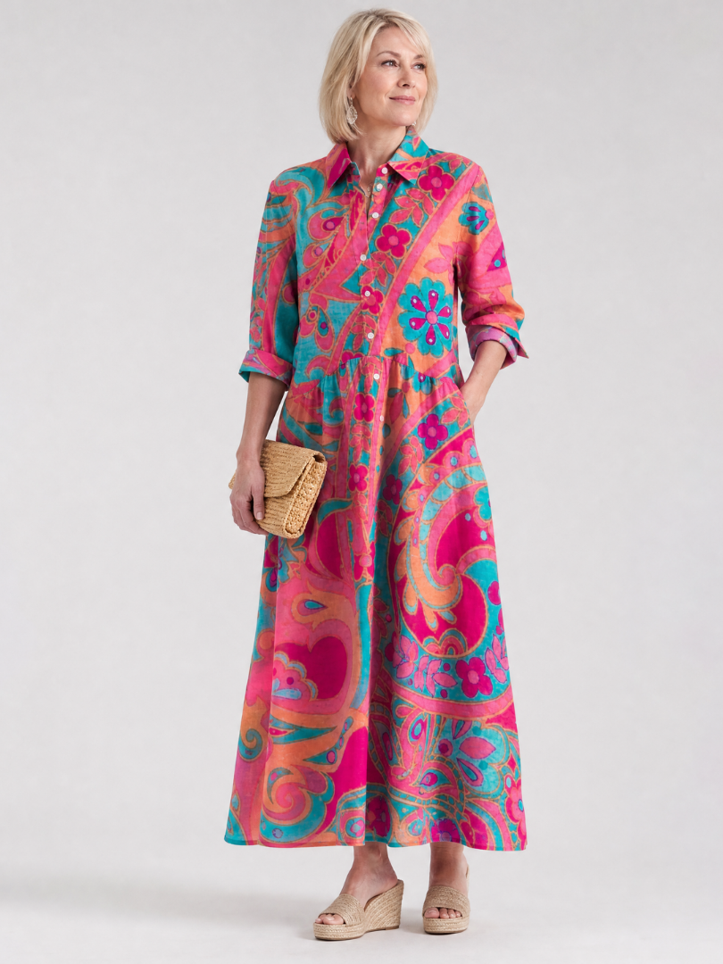Stylish Paisley Maxi Shirt Dress for Women Button-Front