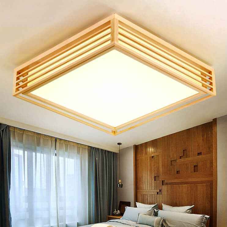 Square LED Flush Mount Ceiling Light in Nordic Solid Wood - Japanese Tatami Style
