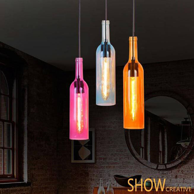 Vintage Glass Wine Bottle 1-Light Pendant Fixture