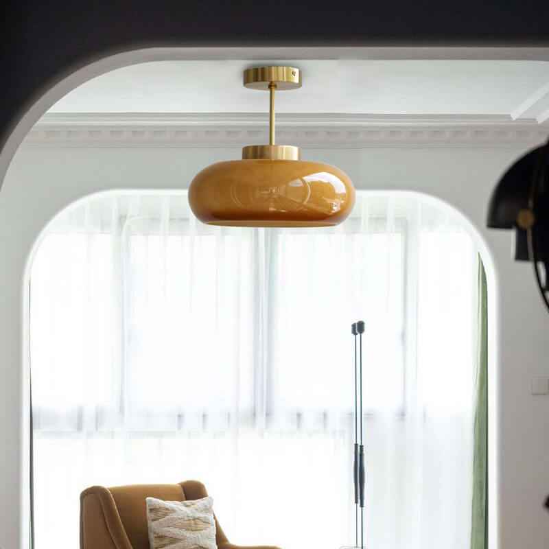 Retro Brass and Yellow Glass 1-Light Semi-Flush Mount Ceiling Fixture