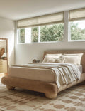 Rivo Platform Bed | Upholstered Frame, Light Wood Grain Base