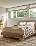 Rivo Platform Bed | Upholstered Frame, Light Wood Grain Base
