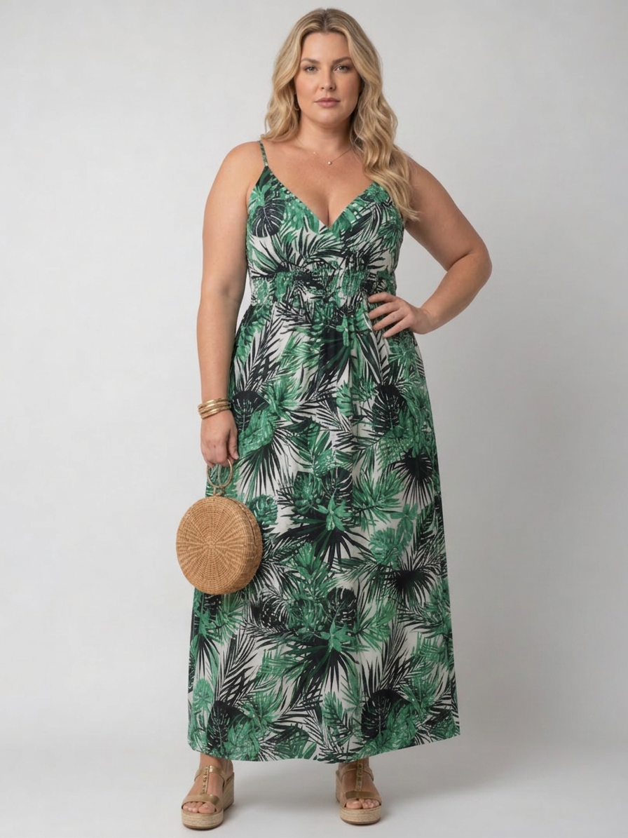Elegant Maxi Dress for Women V-Neck Sleeveless Tropical-Print