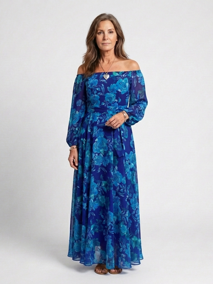 Elegant Maxi Dress for Women Off-Shoulder Floral Long-Sleeve
