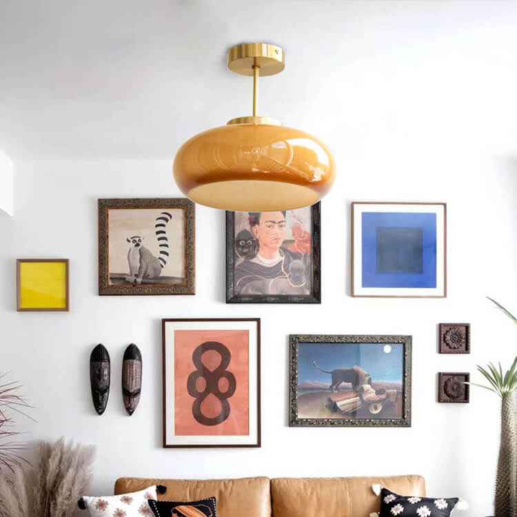 Retro Brass and Yellow Glass 1-Light Semi-Flush Mount Ceiling Fixture