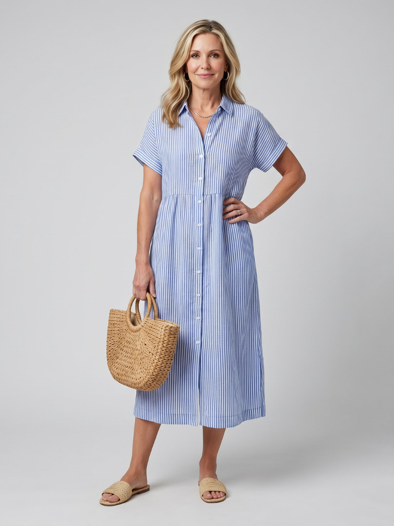 Stylish Striped Shirt Dress for Women Short Sleeve