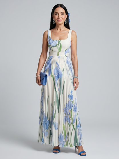 Elegant Floral Print Pleated Maxi Dress for Women