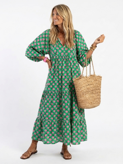Elegant Maxi Dress for Women Floral-Print Tiered Long-Sleeve