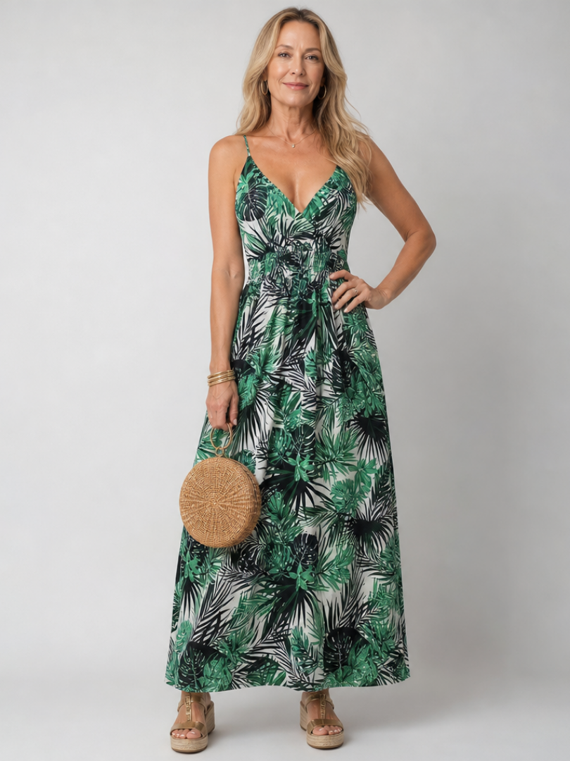 Elegant Tropical Maxi Dress for Women Spaghetti Strap Smocked
