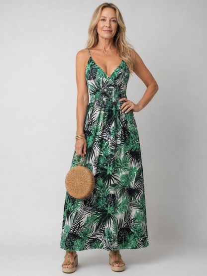 Elegant Tropical Maxi Dress for Women Spaghetti Strap Smocked