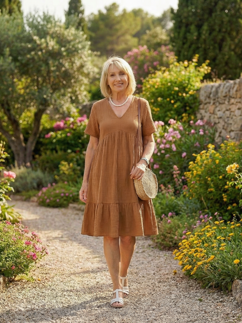 Effortless A-Line Dress for Women Textured Tiered V-Neck