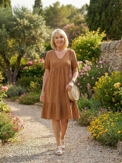Effortless A-Line Dress for Women Textured Tiered V-Neck