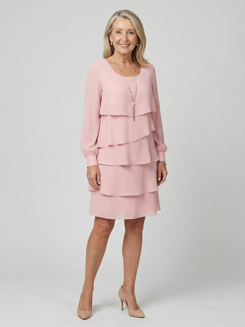 Elegant Layered Dress for Women Long-Sleeve Knee-Length