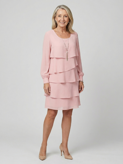 Elegant Layered Dress for Women Long-Sleeve Knee-Length