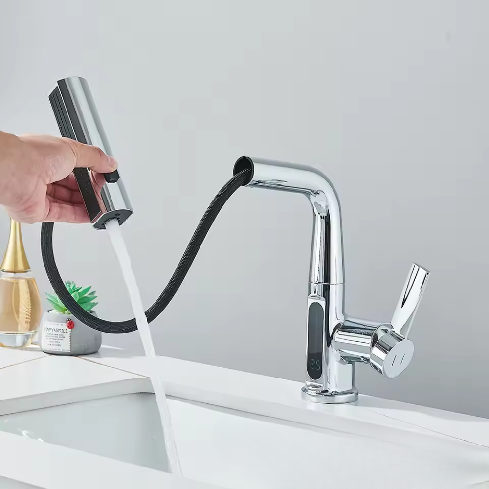 Nytheria - Waterfall Bathroom Faucet with Digital Temperature Display and Pull-Out Spout