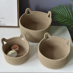 Desktop Storage Basket, Cat Ear Design, Cotton Rope Material, Natural Color
