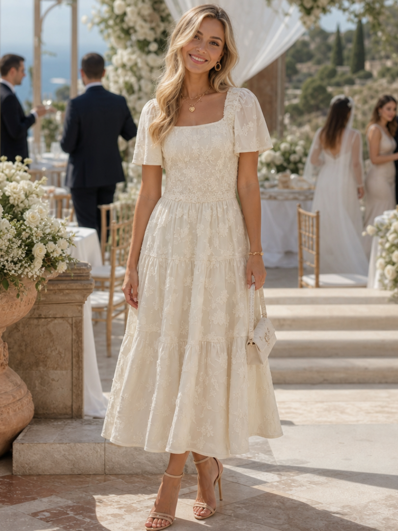 Elegant Textured Midi Dress for Women Square-Neck Flutter-Sleeve Tiered