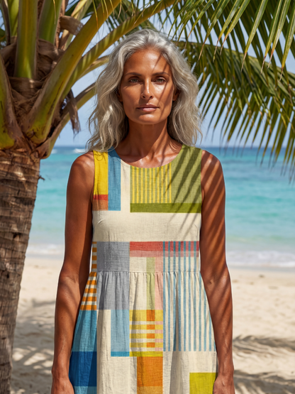 Stylish Color-Block Midi Dress for Women Sleeveless Patchwork