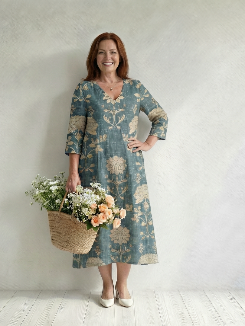 Elegant Floral Midi Dress for Women Three-Quarter Sleeve