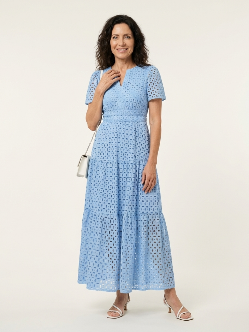 Effortless Eyelet Maxi Dress for Women V-Neck Tiered Short-Sleeve