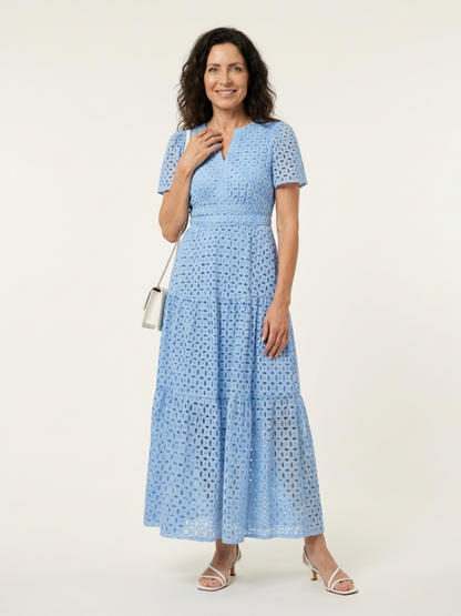 Effortless Eyelet Maxi Dress for Women V-Neck Tiered Short-Sleeve