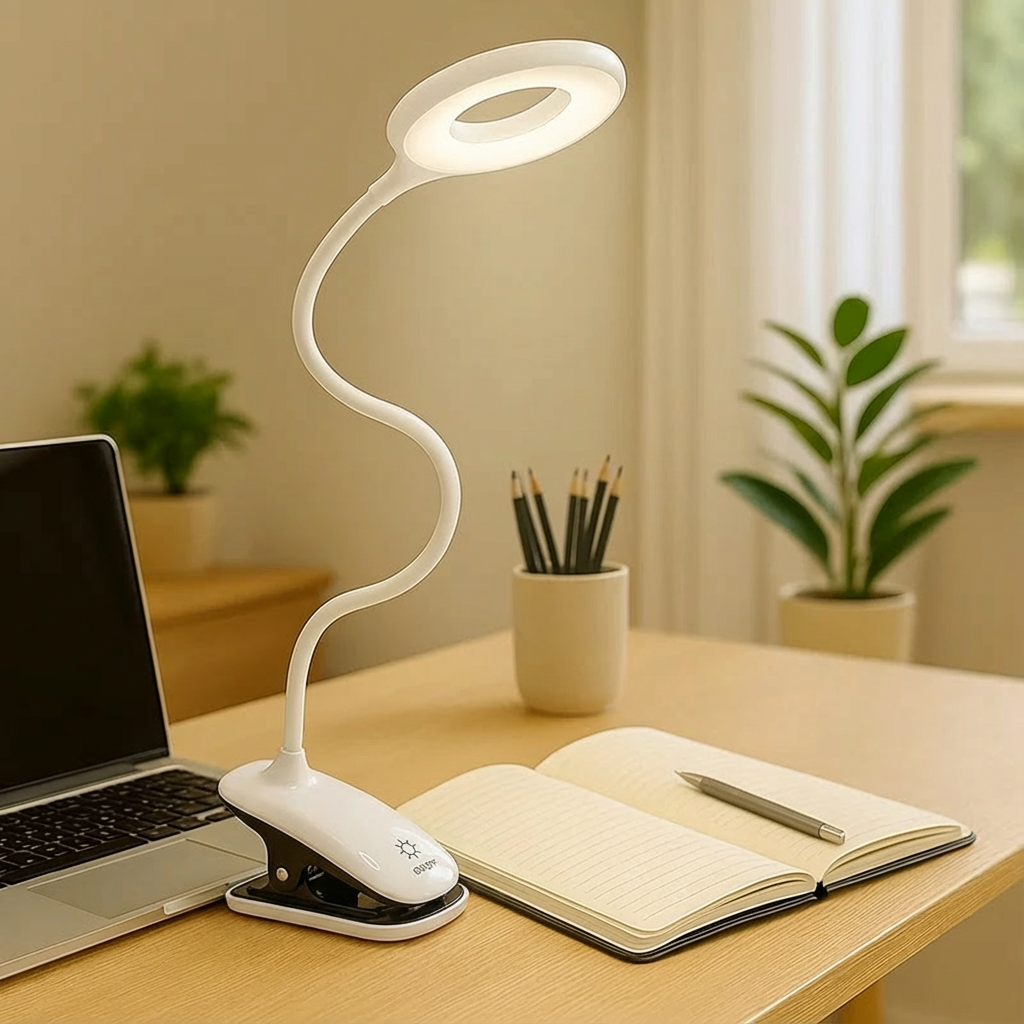 USB Rechargeable Clip-On Reading Lamp with Flexible Gooseneck and Dimmable Brightness