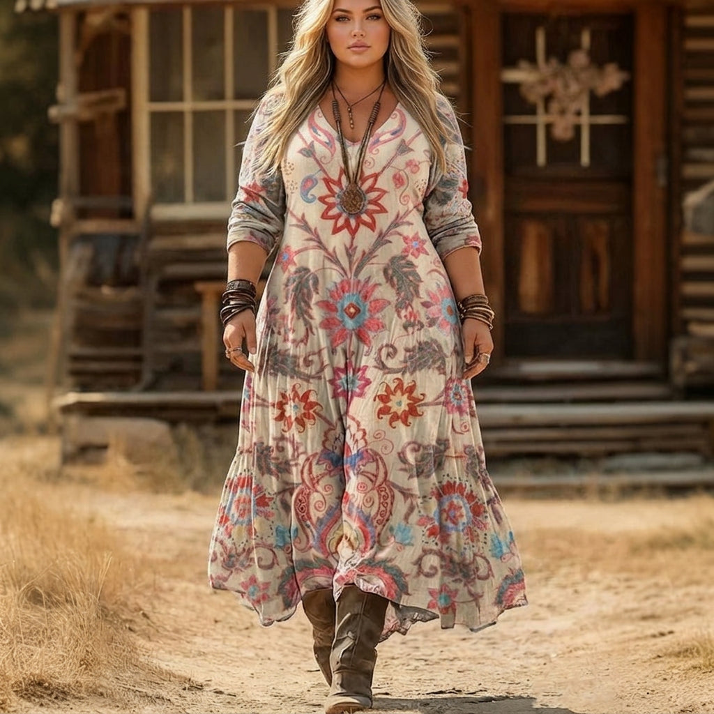 Effortless Maxi Dress for Women V-Neck Long-Sleeve Floral-Print — Cream