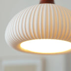 Vintage Japanese Ceramic Round Dome Pendant Light with Pleated Design and Wooden Accents