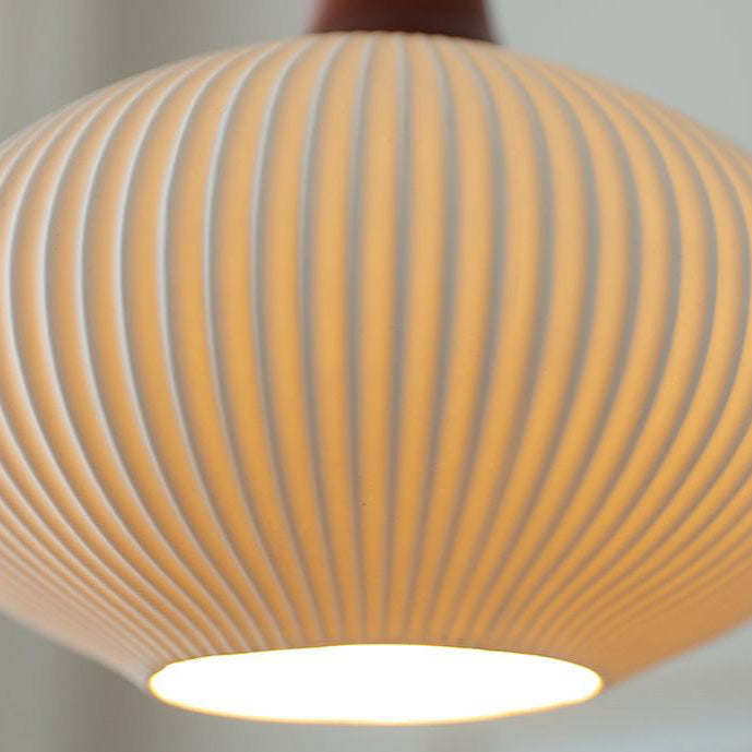 Vintage Japanese Ceramic Round Dome Pendant Light with Pleated Design and Wooden Accents