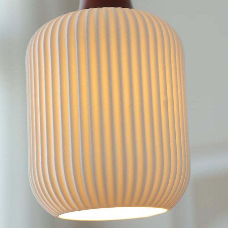 Vintage Japanese Ceramic Round Dome Pendant Light with Pleated Design and Wooden Accents